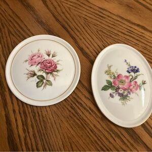 White Ceramic Floral Trinket Dishes with Pink Rose Motifs